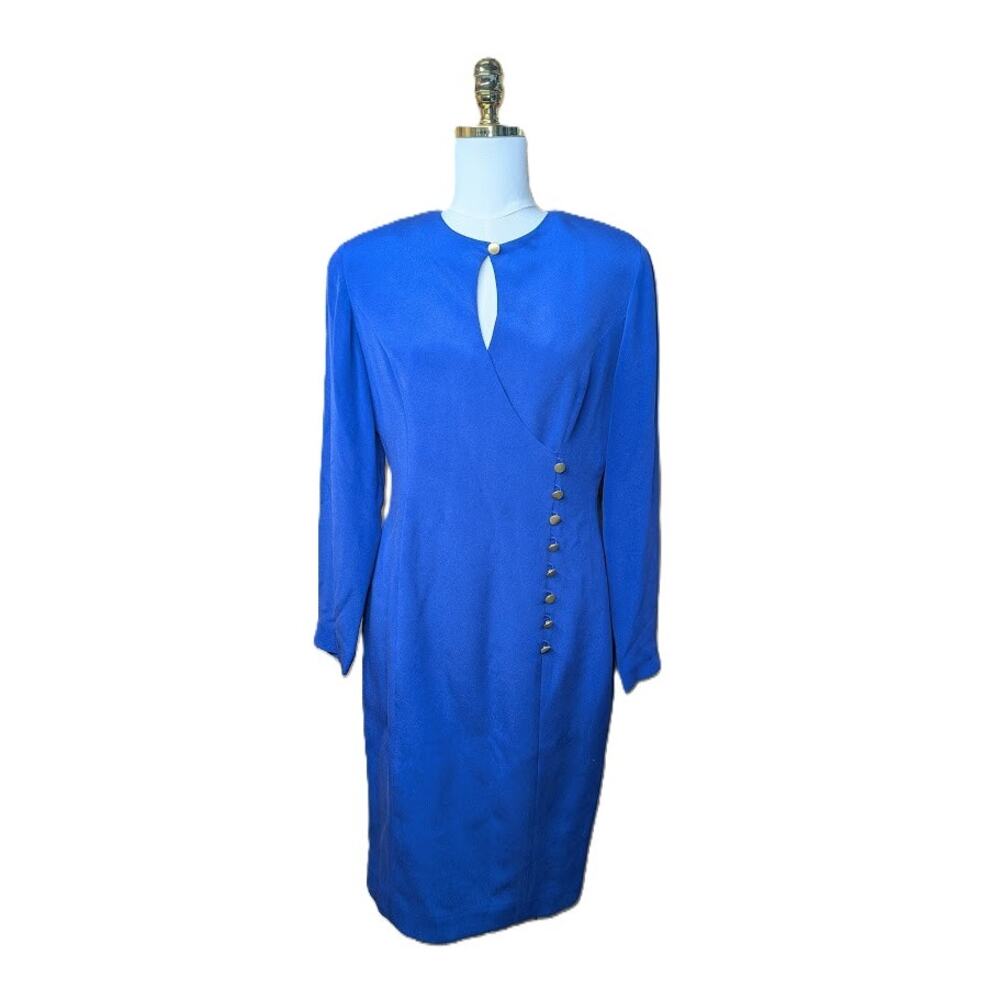 Vintage YL by Yair Bright Blue 100% Silk Dress w/ gold button accents Women sz 8